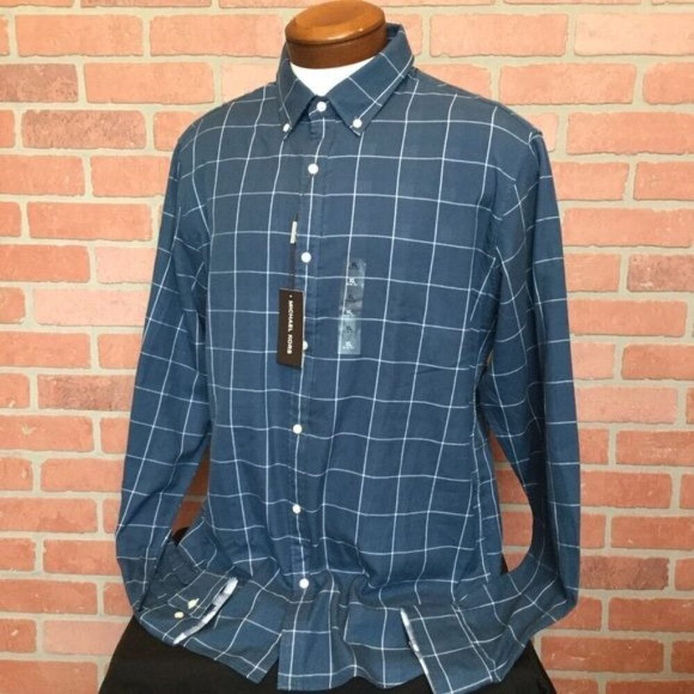 MICHAEL KORS Mens Button Front Shirt Size XL Slim Fit Plaid Check NWT